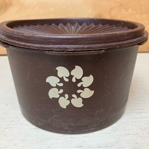 Vintage Tupperware Brown Circular Storage Container with Cream Floral Motif